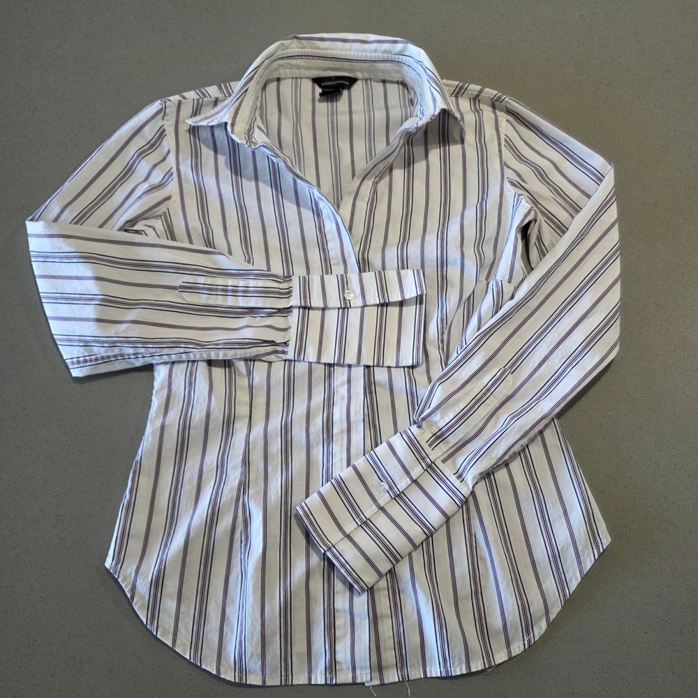 Moda International Striped Button Down Shirt Womens Small Purple White Office